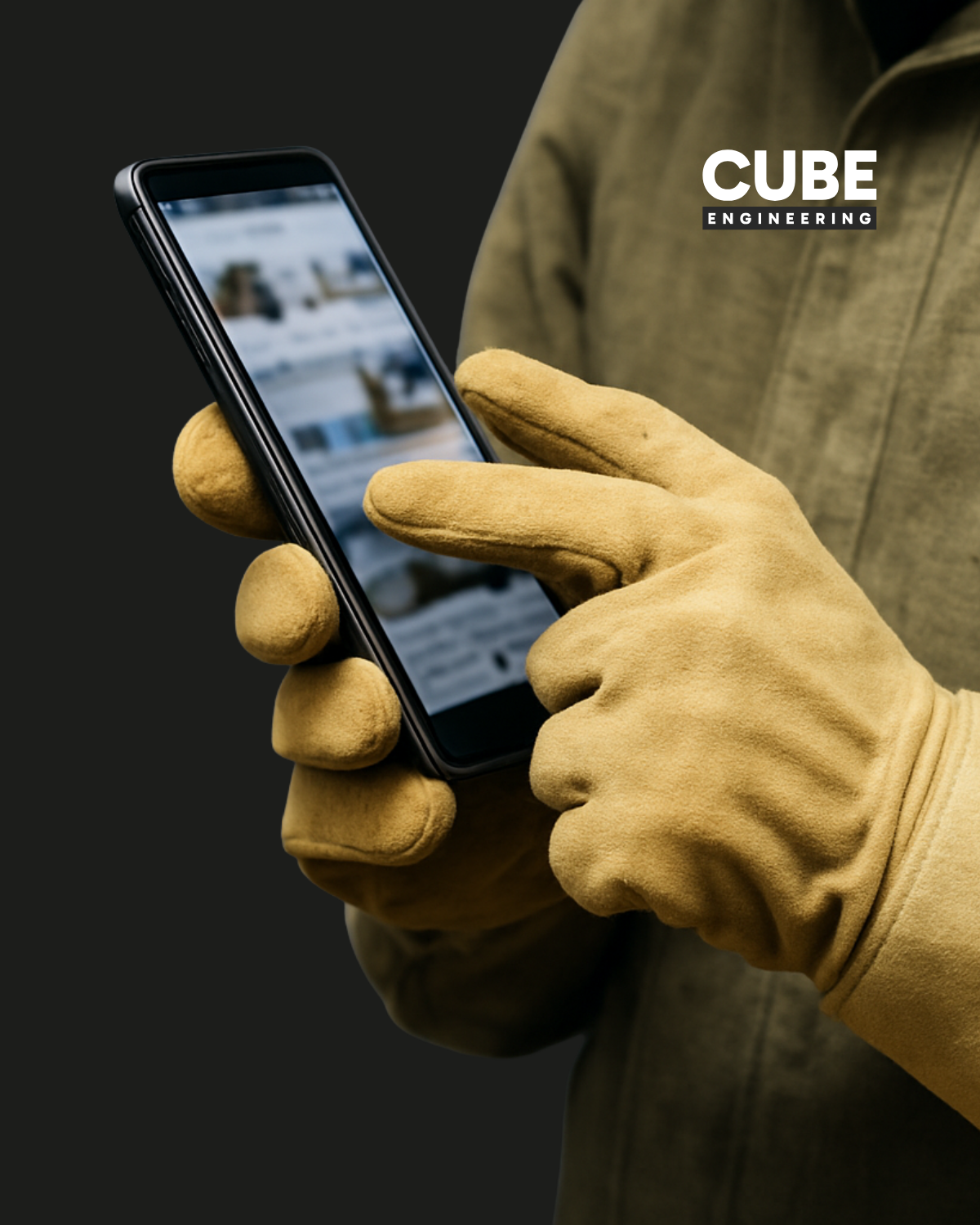 Osoba w rękawicach używa smartfona, Cube Engineering.